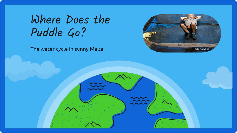 Title slide: Where does the puddle go? The water cycle in sunny Malta