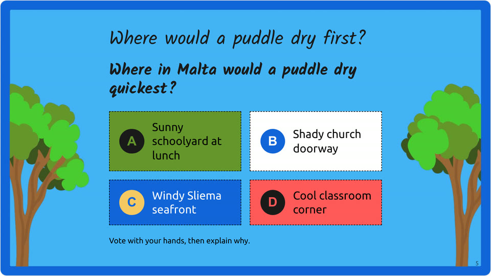 Quiz slide: Where in Malta would a puddle dry quickest? Four answers, from a sunny schoolyard to a cool classroom corner